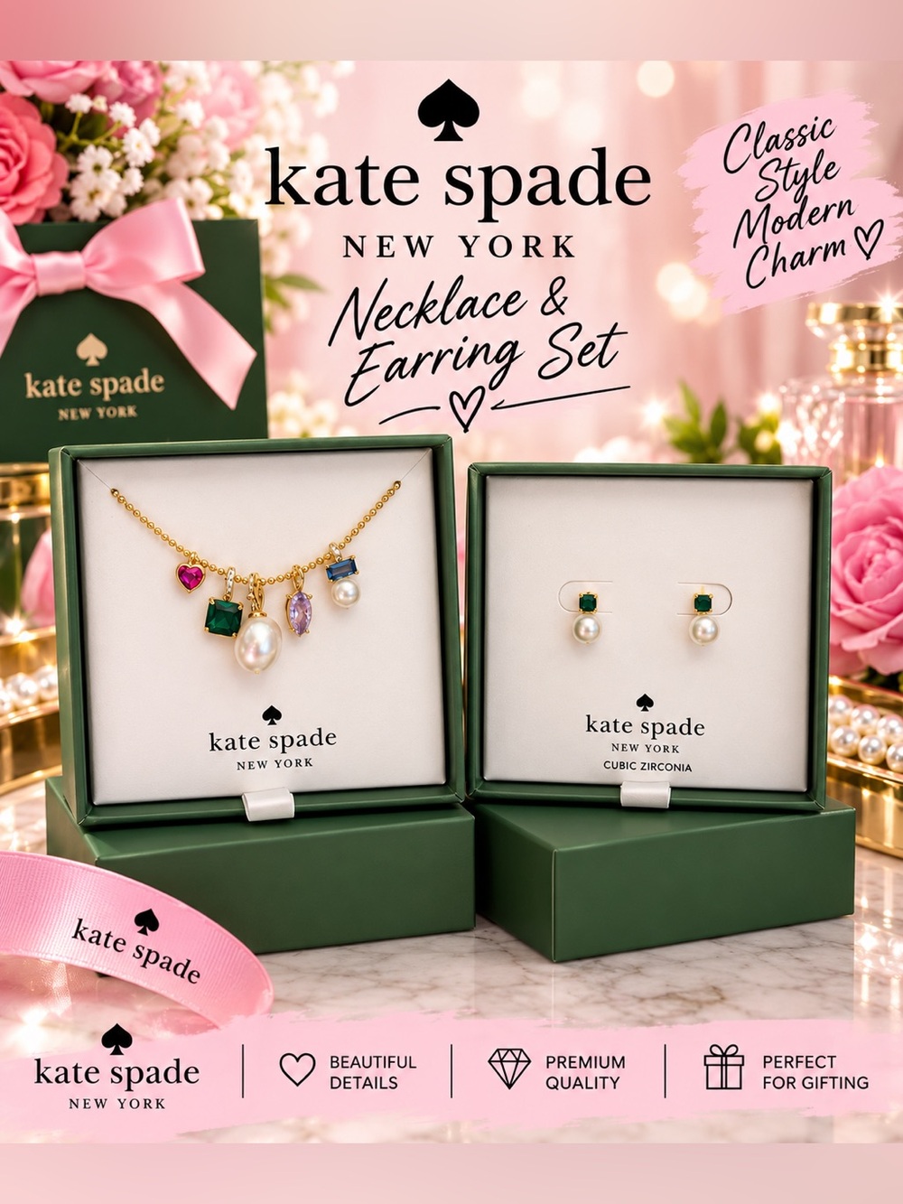 kate spade New York Gold Necklace & Earring Set with Green and Pearl Accents